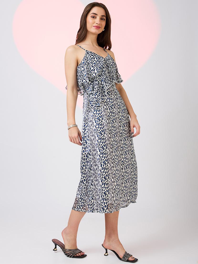 globus women white v-neck strappy shoulder animal print ruffles detail midi a-line party dress - 21718329 - Standard Image - 1