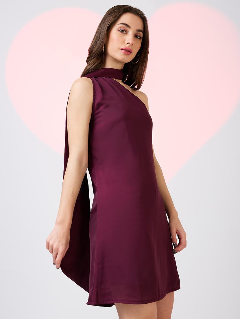 globus women burgundy scarf drape neck one shoulder solid mini a-line party dress - 21718330 - Standard Image - 1