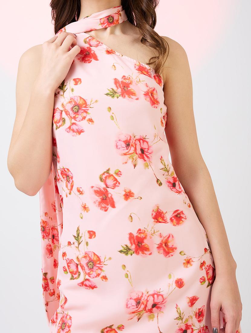 globus women pink scarf drape neck one shoulder floral print mini a-line party dress - 21718331 - Standard Image - 4
