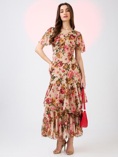 globus women beige v-neck flared sleeves floral print layered fit & flare maxi party dress - 21718332 -  Standard Image - 0
