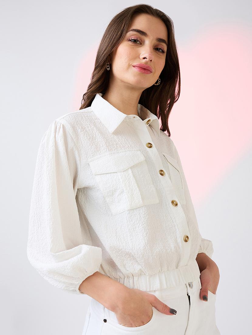globus women white self design collared neck puffed sleeves shirt style workwear crop top with utility pockets - 21718335 -  Standard Image - 1