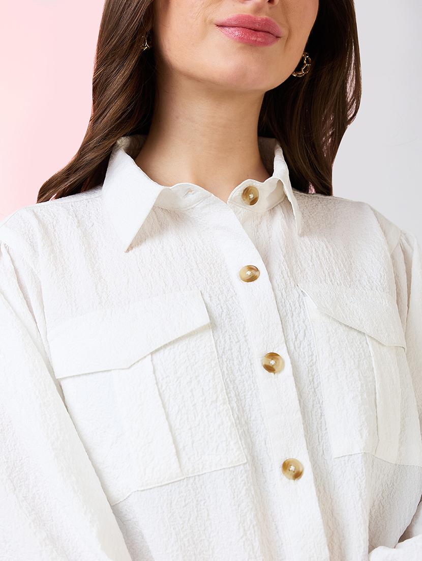 globus women white self design collared neck puffed sleeves shirt style workwear crop top with utility pockets - 21718335 - Standard Image - 4