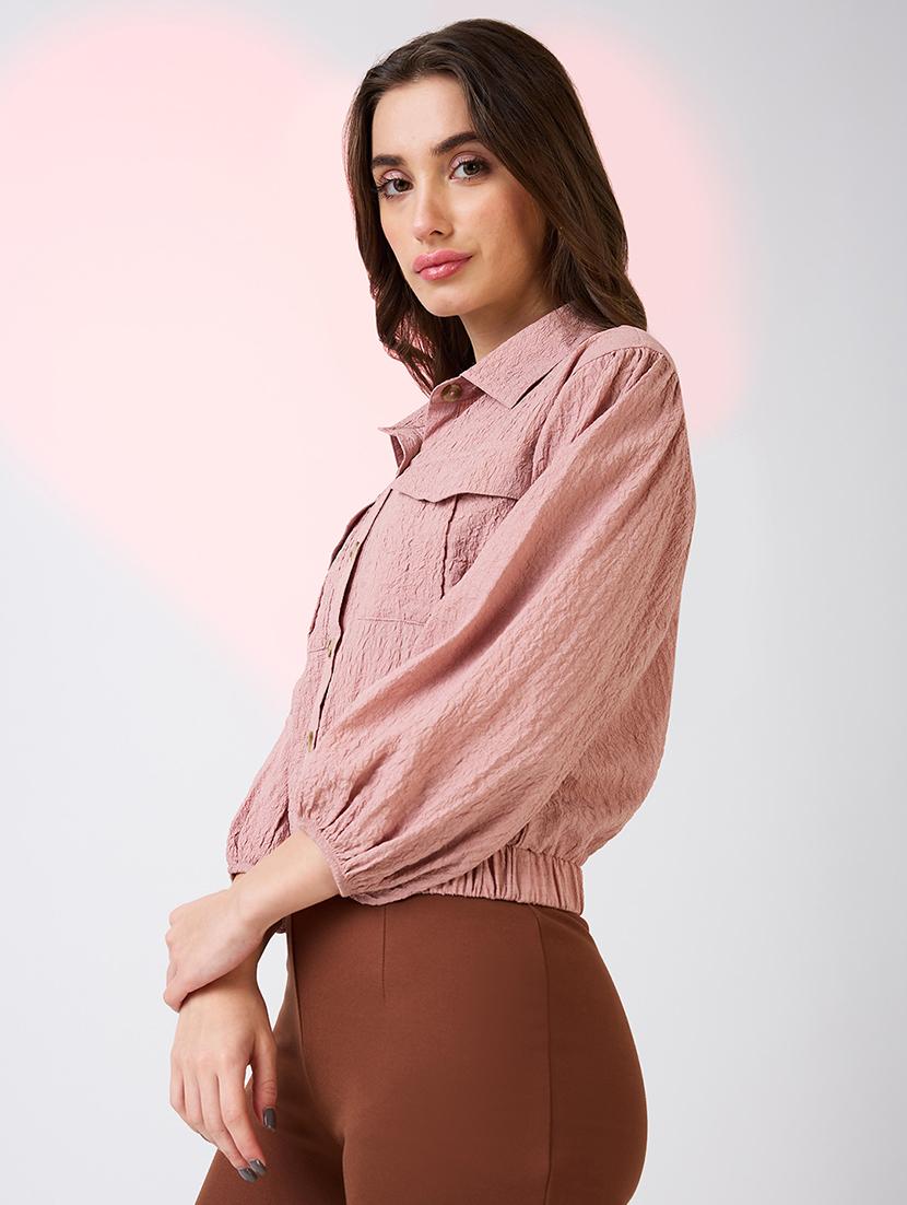 globus women pink self design collared neck puffed sleeves shirt style workwear crop top with utility pockets - 21718336 -  Standard Image - 1