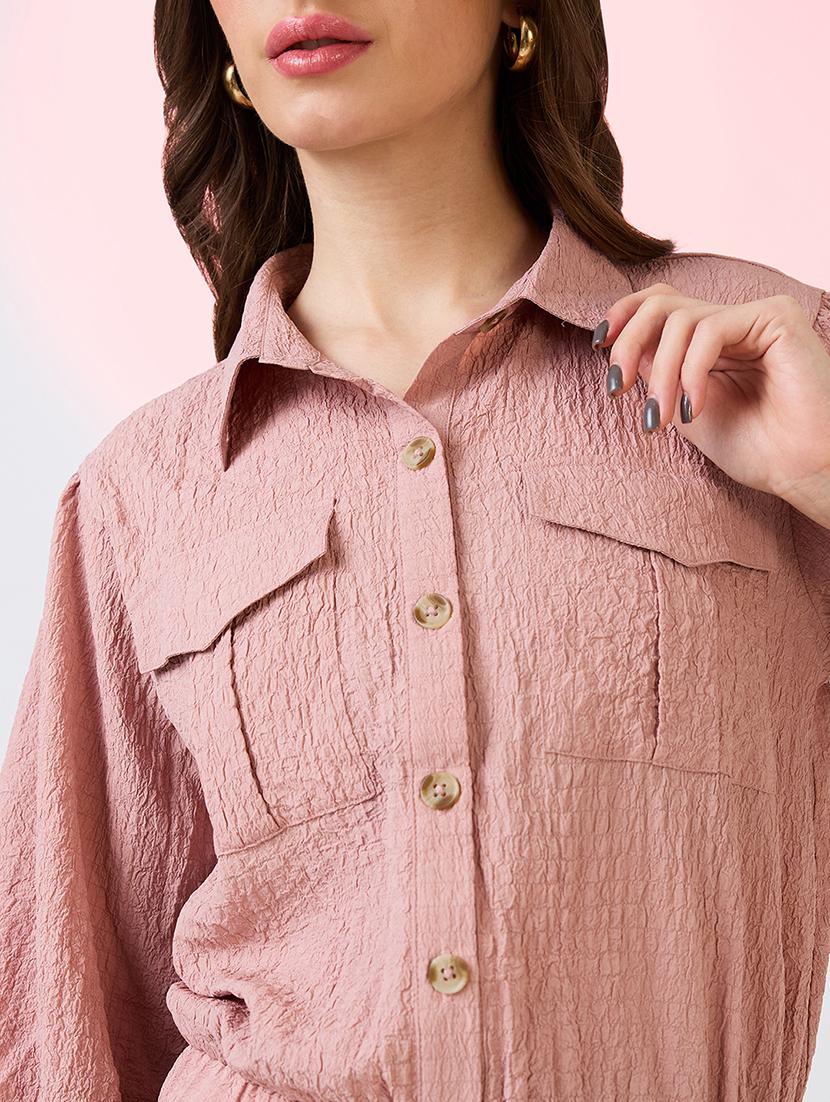 globus women pink self design collared neck puffed sleeves shirt style workwear crop top with utility pockets - 21718336 - Standard Image - 4