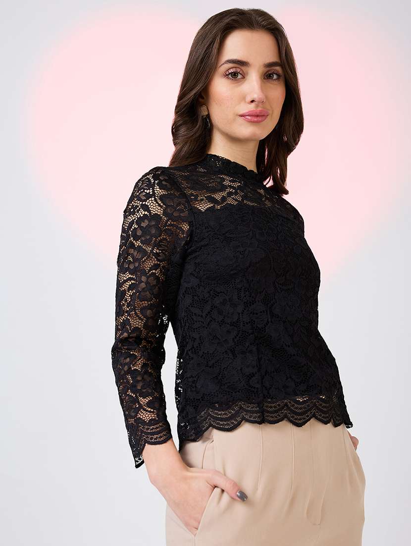 globus women black self design high neck floral lace scalloped hem party top