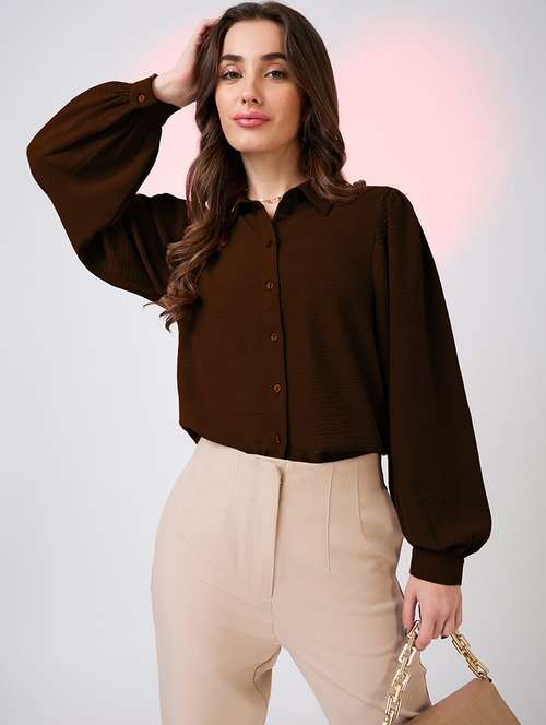 globus women brown collared neck cuffed sleeves shirt style work wear top - 21718338 - Standard Image - 0