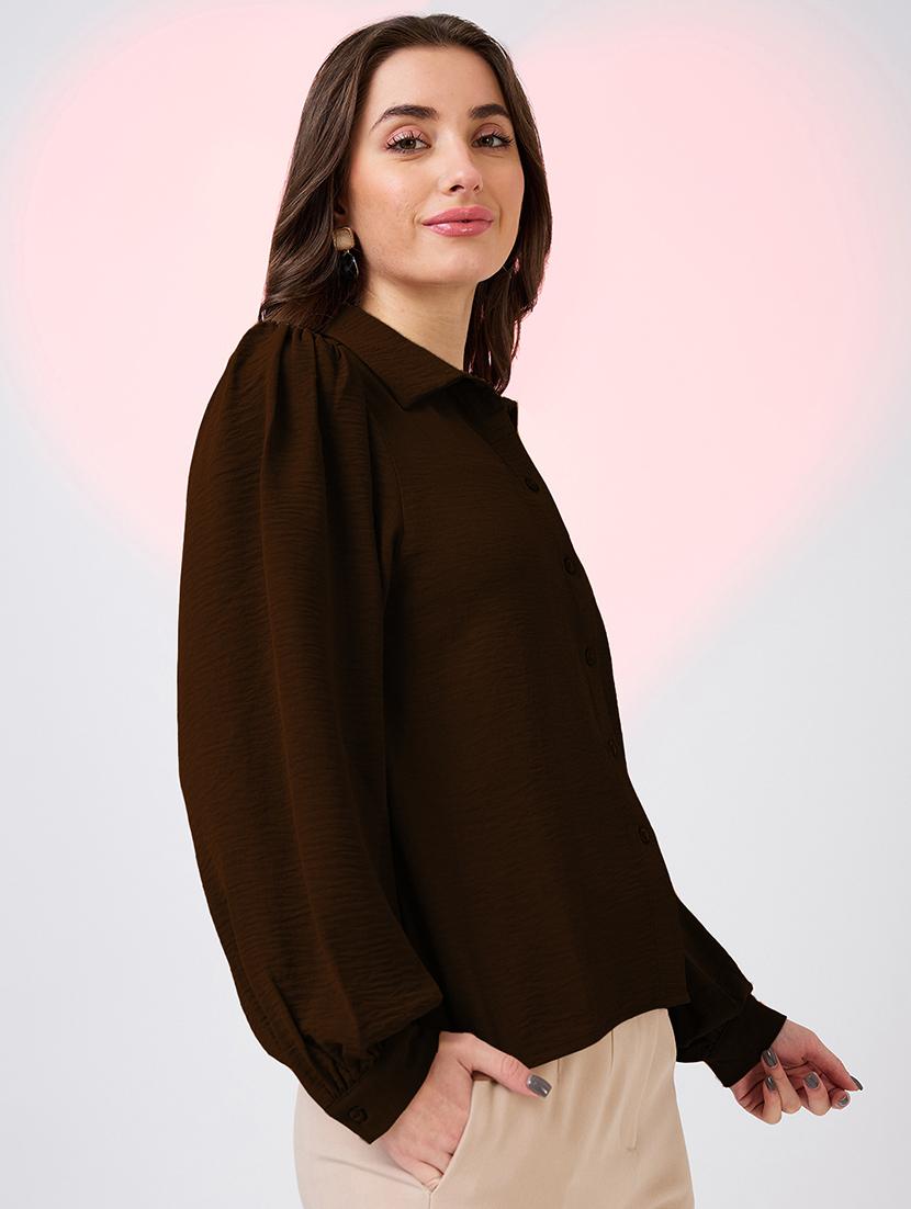 globus women brown collared neck cuffed sleeves shirt style work wear top - 21718338 - Standard Image - 1