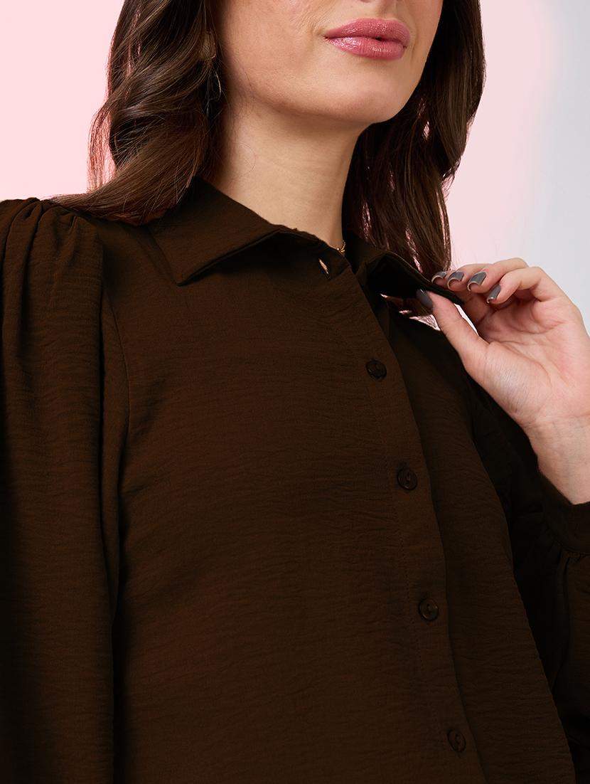 globus women brown collared neck cuffed sleeves shirt style work wear top - 21718338 - Standard Image - 4