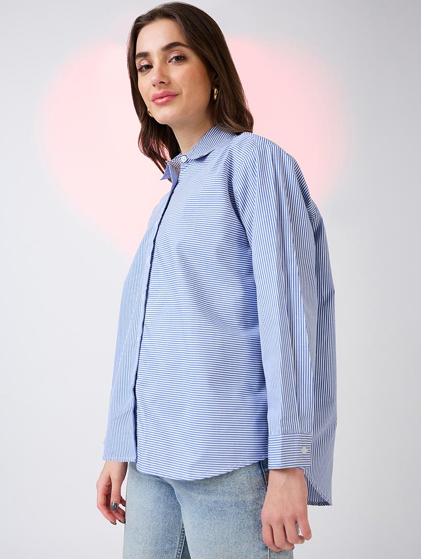 globus women blue collared neck cuffed sleeves striped pattern shirt style work wear top - 21718339 - Standard Image - 1