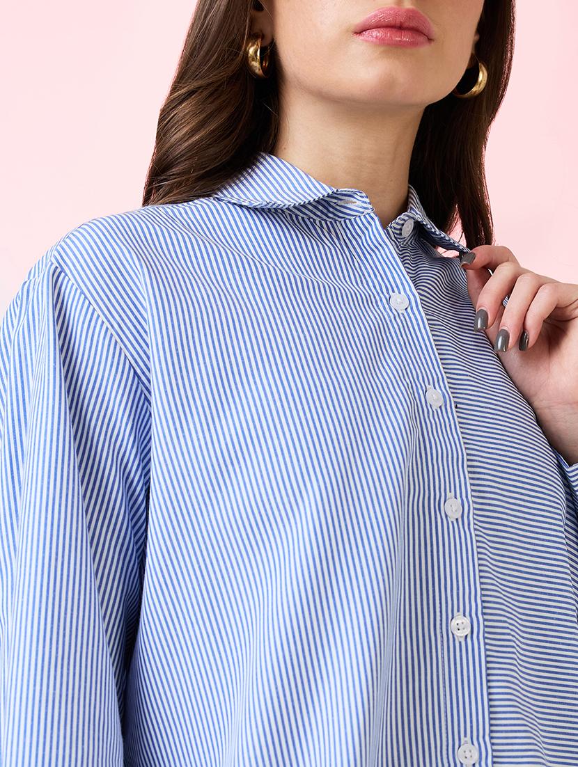 globus women blue collared neck cuffed sleeves striped pattern shirt style work wear top - 21718339 - Standard Image - 4