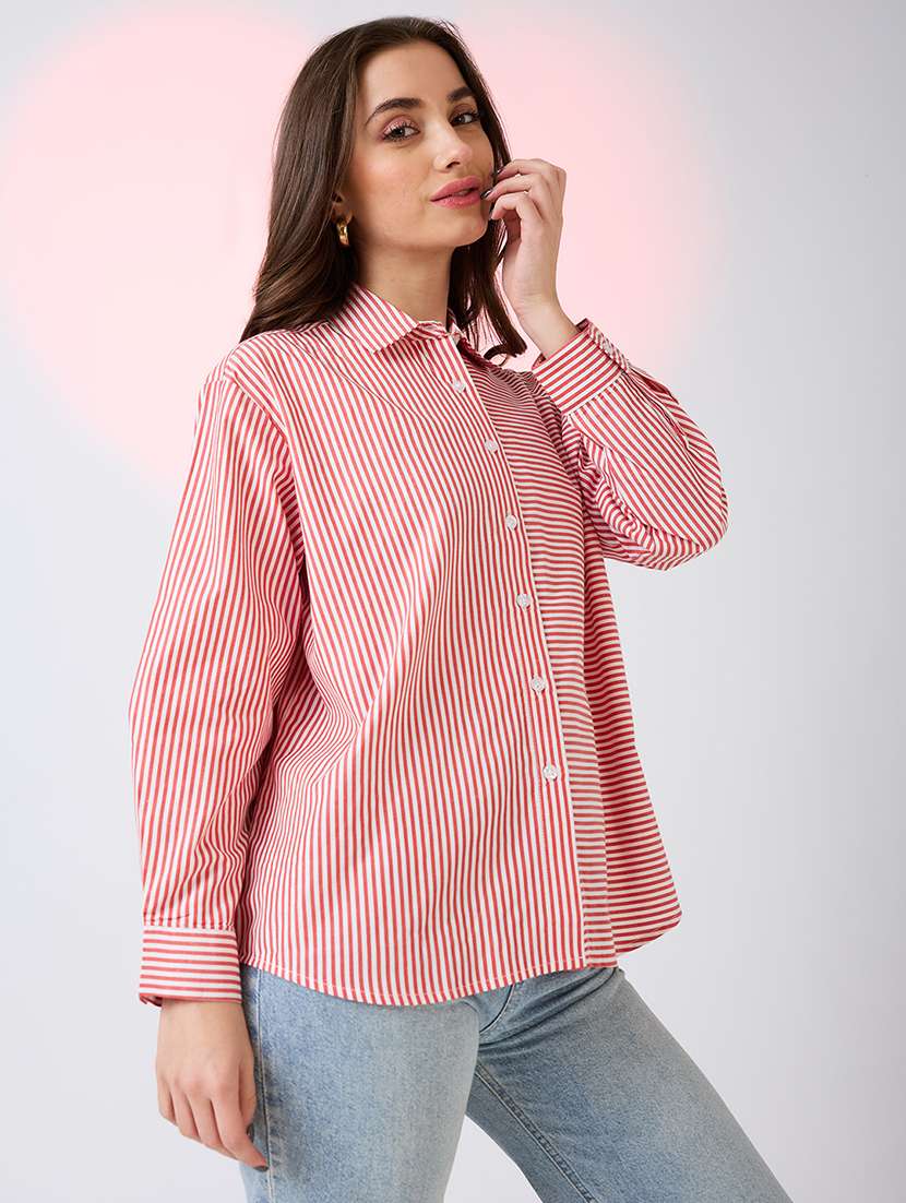 globus women red collared neck cuffed sleeves striped pattern shirt style work wear top