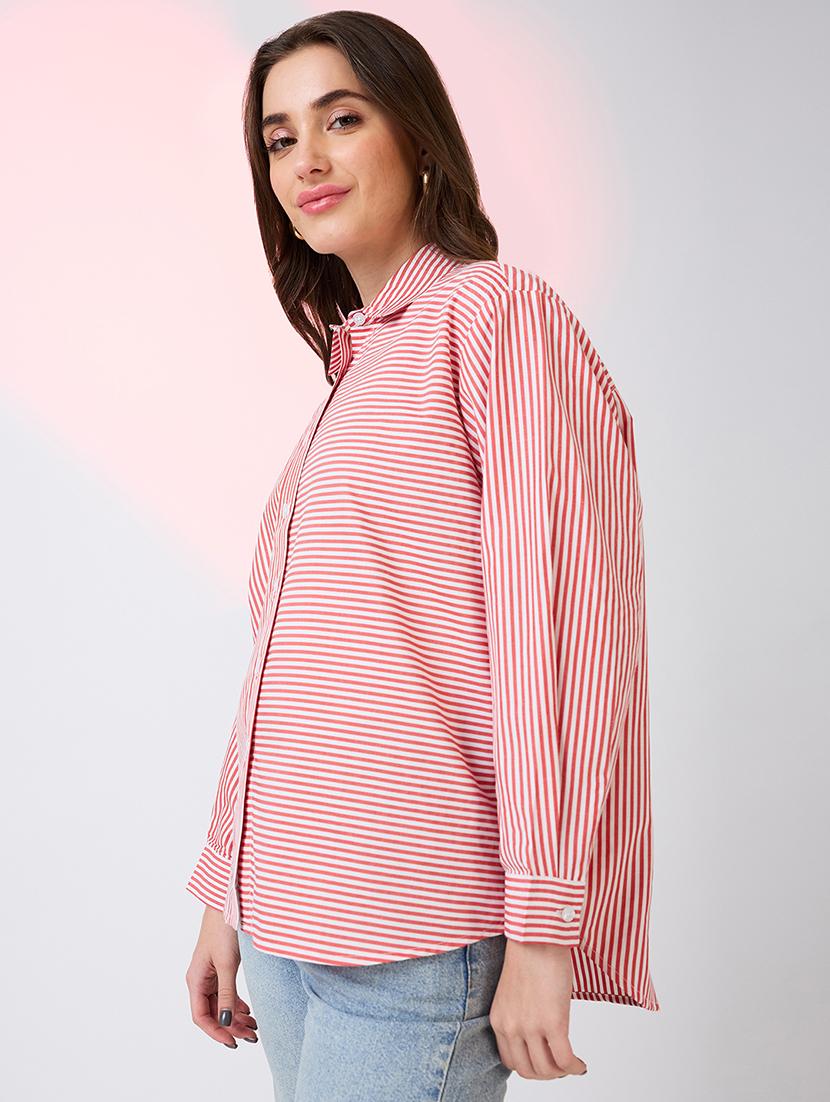 globus women red collared neck cuffed sleeves striped pattern shirt style work wear top - 21718340 -  Standard Image - 1