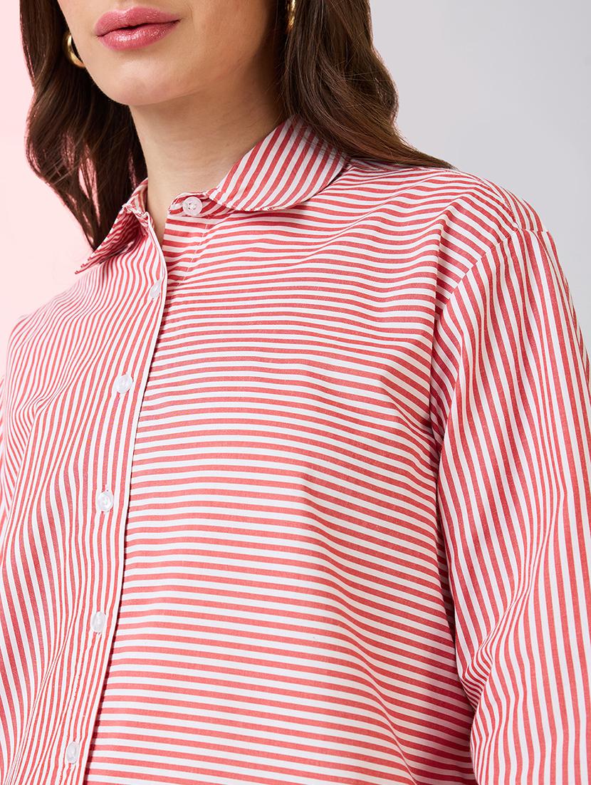 globus women red collared neck cuffed sleeves striped pattern shirt style work wear top - 21718340 - Standard Image - 4