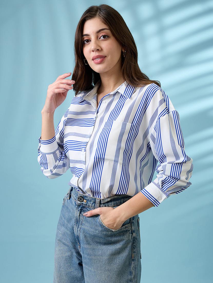 globus women white collared neck cuffed sleeves striped pattern shirt style work wear top - 21718341 -  Standard Image - 1
