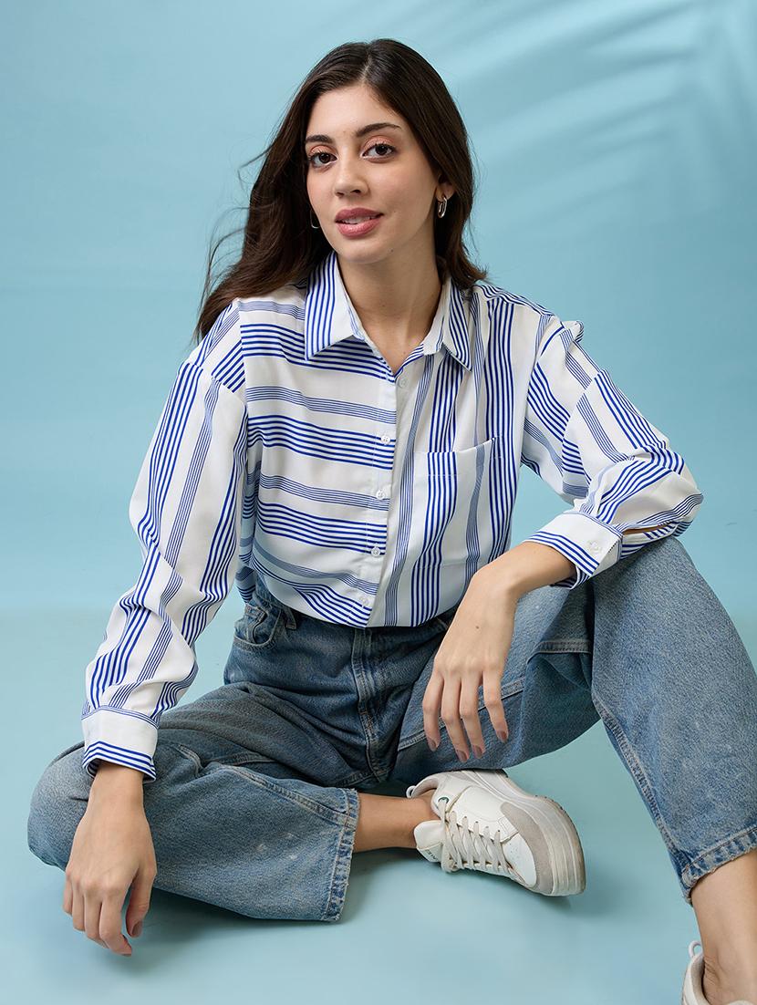 globus women white collared neck cuffed sleeves striped pattern shirt style work wear top - 21718341 - Standard Image - 4