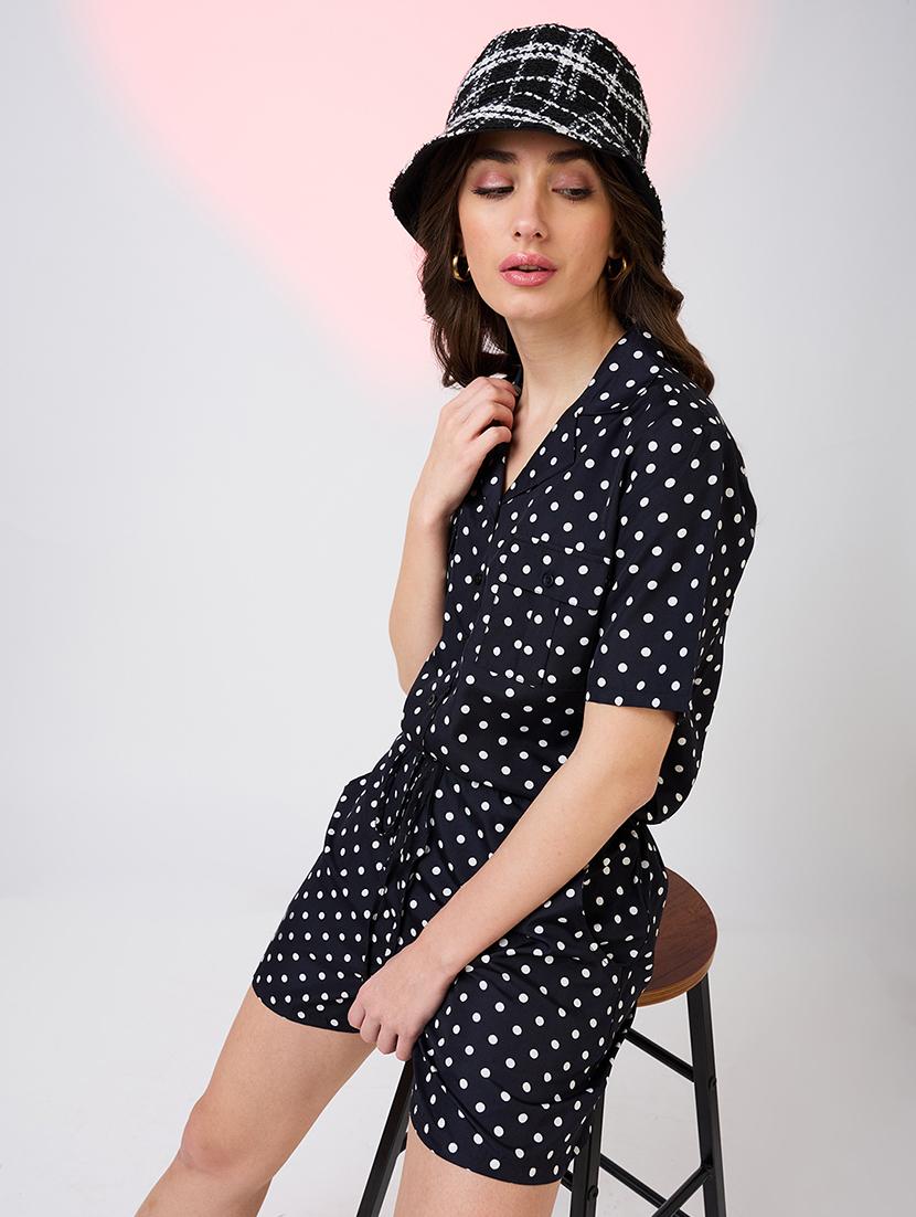 globus women black polka dots notched lapel waist tie-ups front pockets utility playsuit - 21718344 - Standard Image - 1