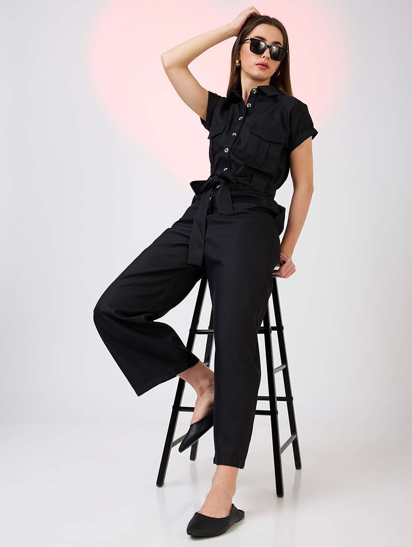 globus women black shirt collar extended sleeves front pockets utility belted jumpsuit