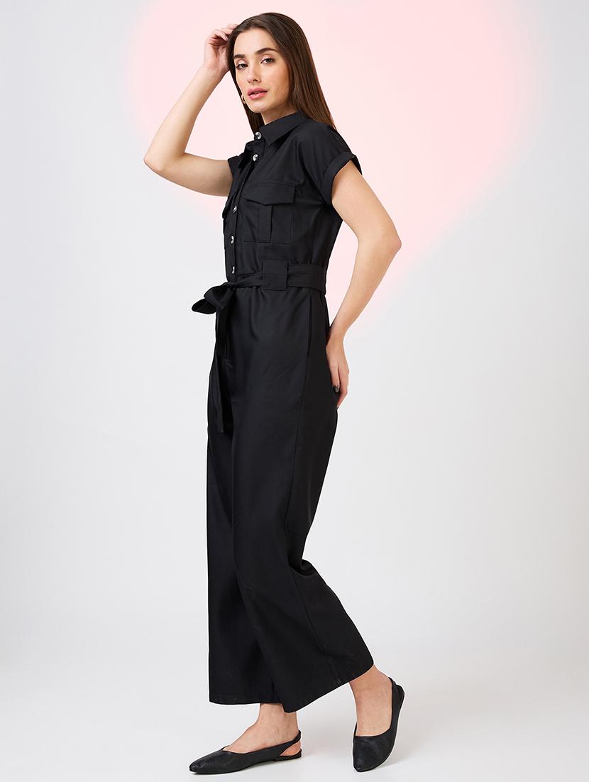 globus women black shirt collar extended sleeves front pockets utility belted jumpsuit - 21718345 -  Standard Image - 1