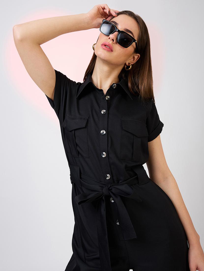 globus women black shirt collar extended sleeves front pockets utility belted jumpsuit - 21718345 - Standard Image - 4