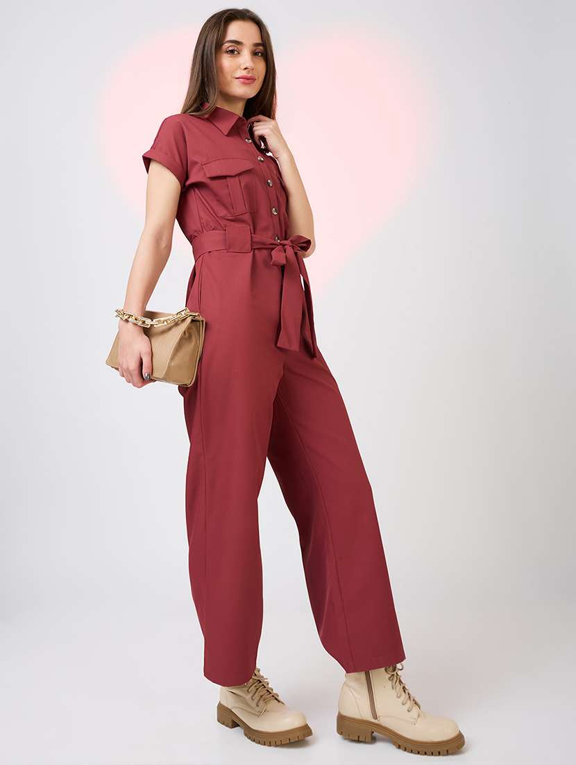 globus women rust shirt collar extended sleeves front pockets utility belted jumpsuit