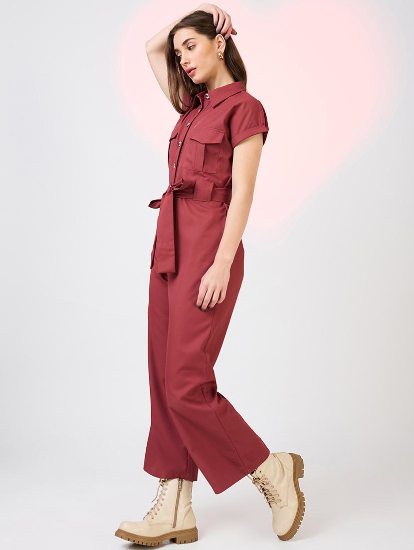 globus women rust shirt collar extended sleeves front pockets utility belted jumpsuit - 21718346 -  Standard Image - 1