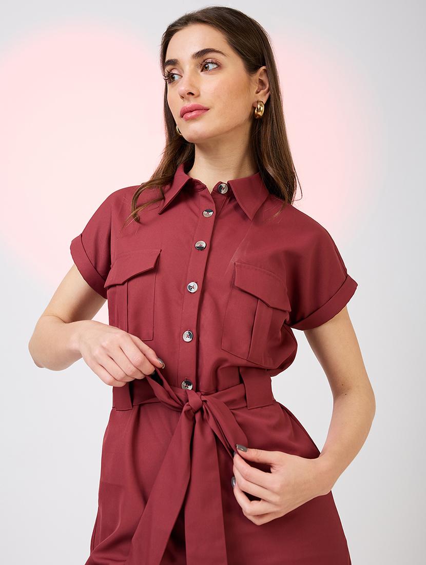 globus women rust shirt collar extended sleeves front pockets utility belted jumpsuit - 21718346 - Standard Image - 4