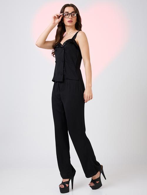 globus women black sweetheart neck strappy sleeves double breasted workwear jumpsuit - 21718349 - Standard Image - 0