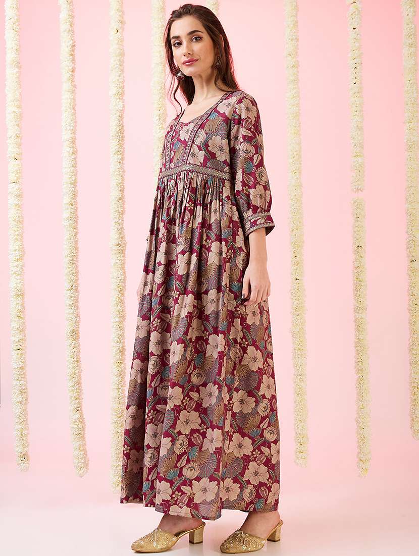 globus women maroon sweetheart neck embroidered detail gold foil floral print gathered a-line fusion maxi dress - 21718350 -  Standard Image - 1