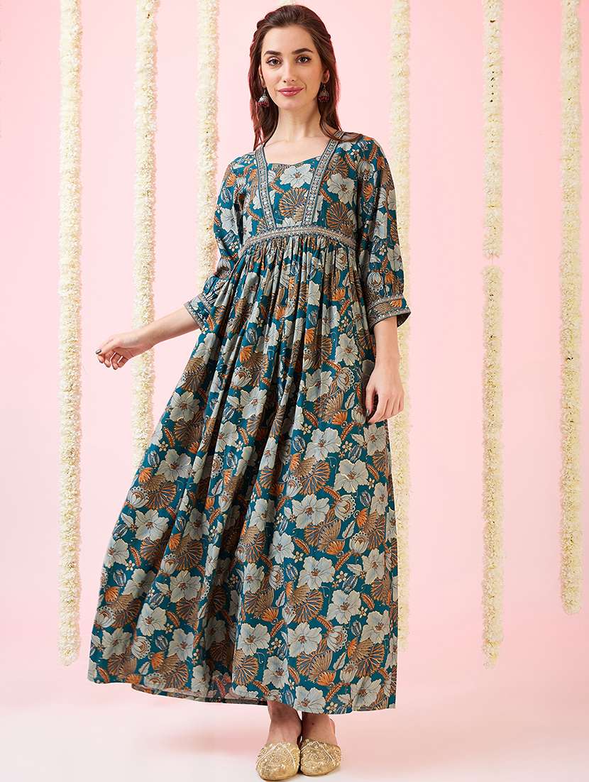 globus women teal sweetheart neck embroidered detail gold foil floral print gathered a-line fusion maxi dress