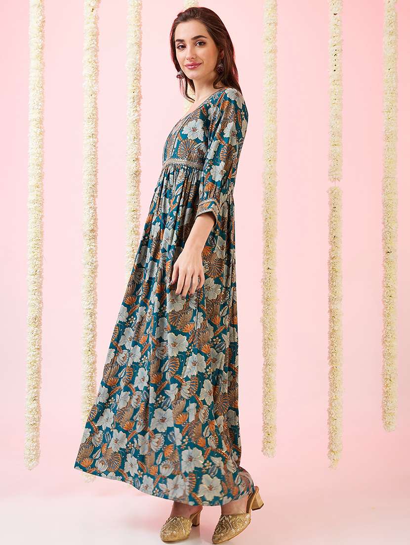 globus women teal sweetheart neck embroidered detail gold foil floral print gathered a-line fusion maxi dress - 21718351 -  Standard Image - 1