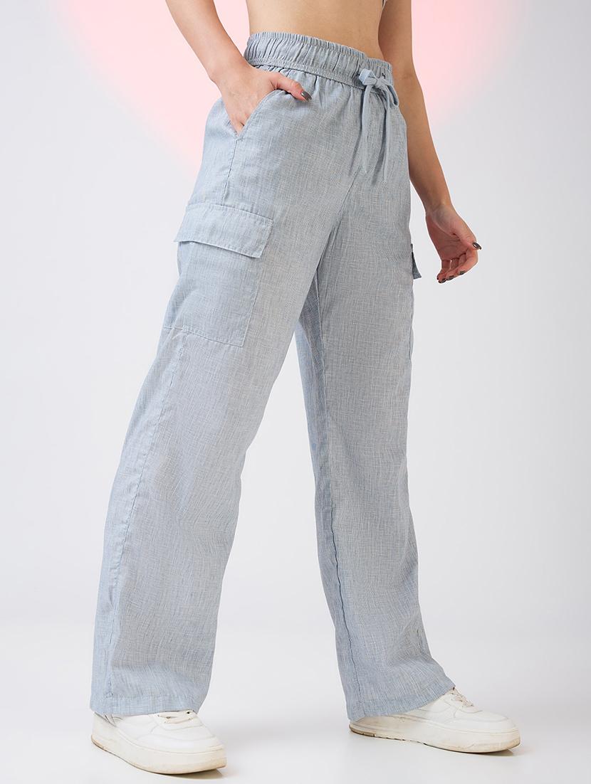 globus women light blue self design checkered mid rise drawstring waist cargo trousers - 21718352 -  Standard Image - 1