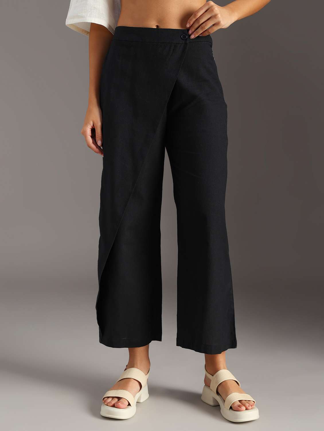 women solid mid rise wide leg trouser - 21718435 -  Standard Image - 1
