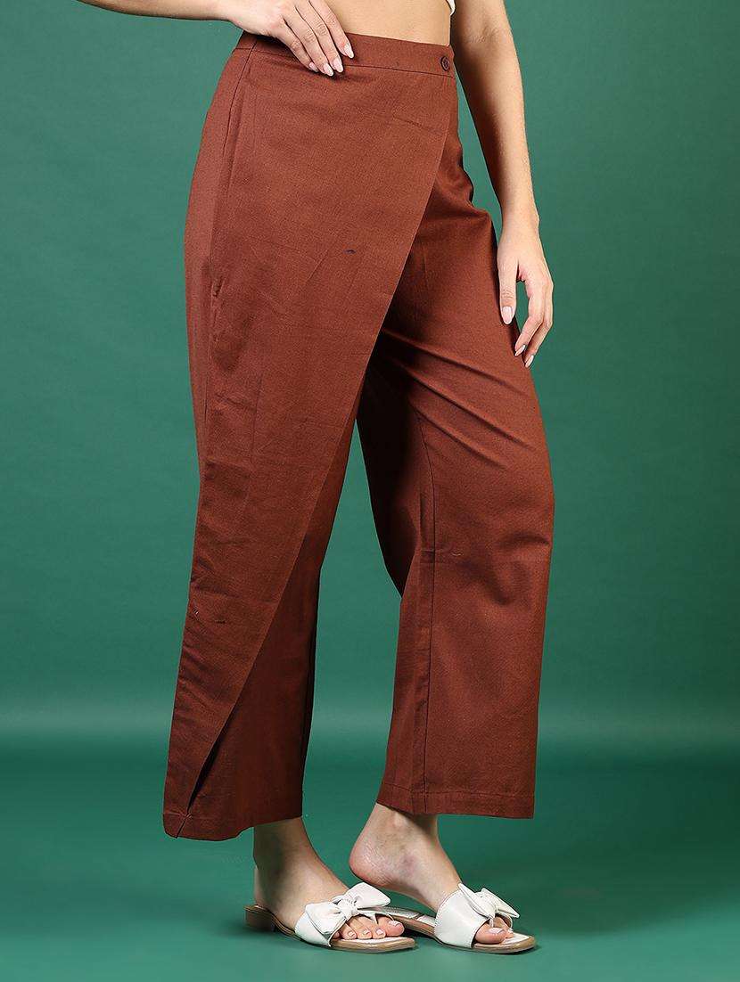 women brown solid mid rise wide leg trouser - 21718437 -  Standard Image - 1