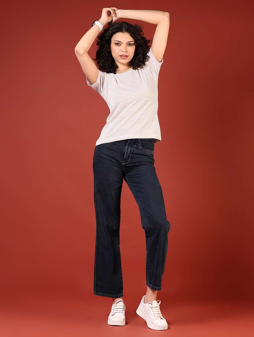 women beige striped round neck short t-shirt - 21718439 -  Standard Image - 4