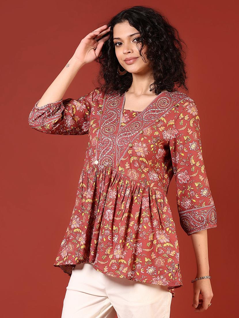women three quarter sleeve flared kurti - 21718443 - Standard Image - 1