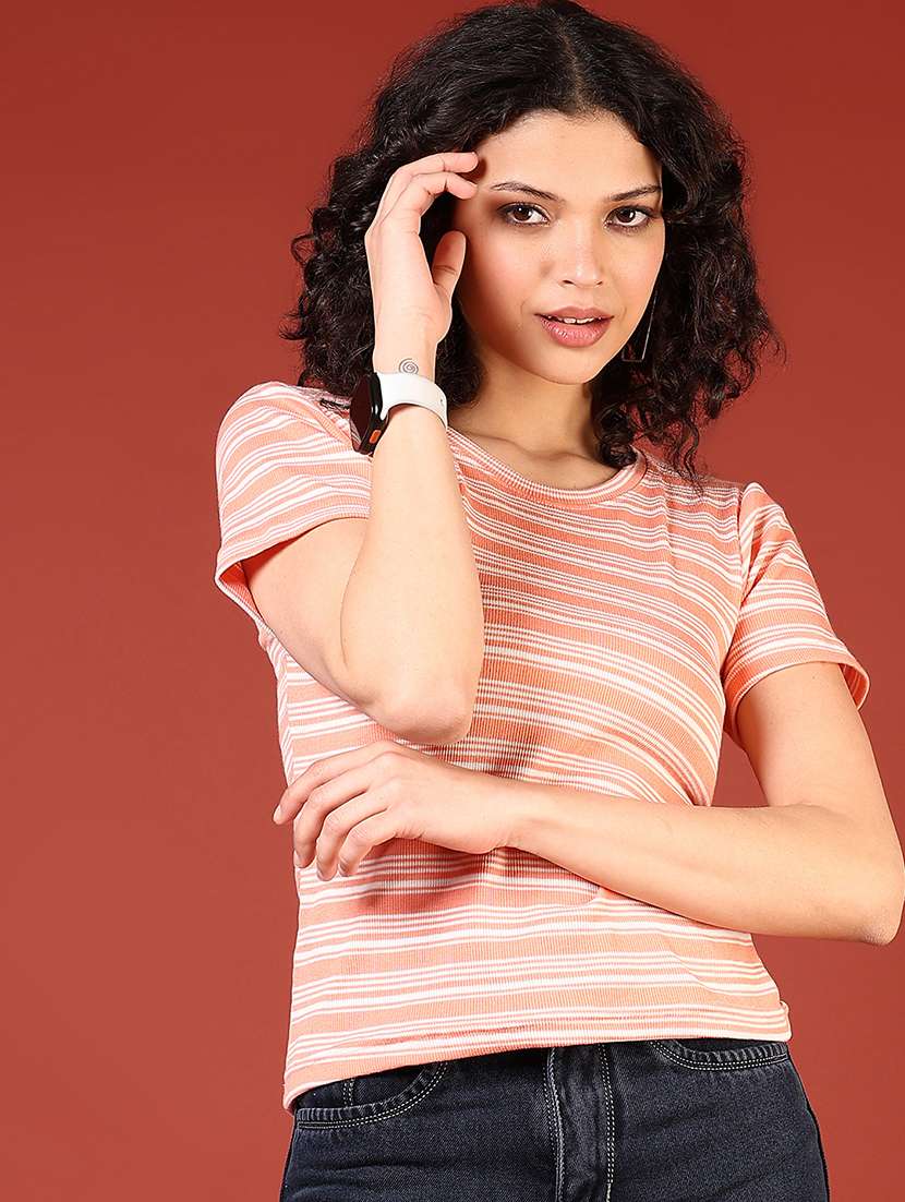 women peach striped round neck short t-shirt - 21718482 -  Standard Image - 1