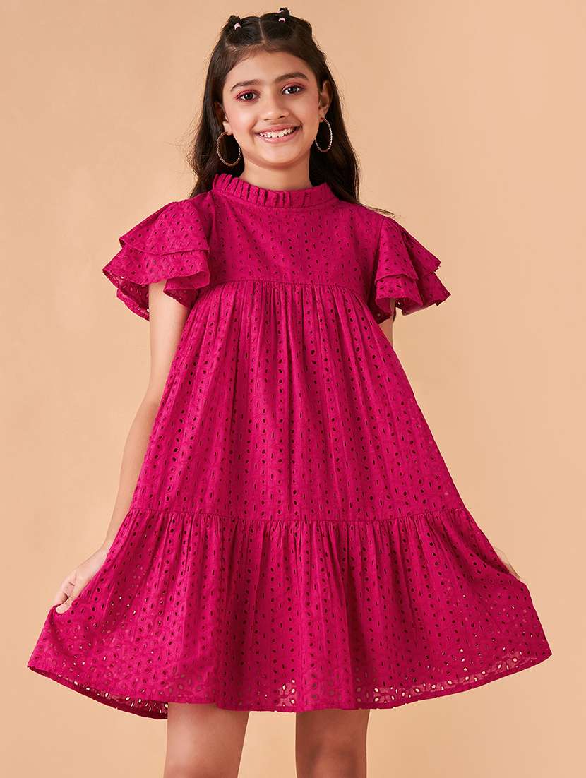 girls solid flared sleeves tiered dress 