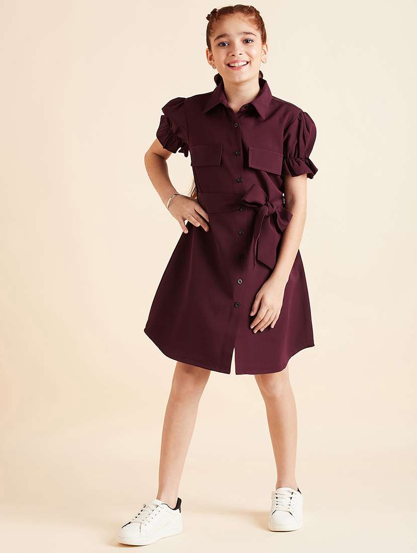 girls solid puff sleeves shirt dress