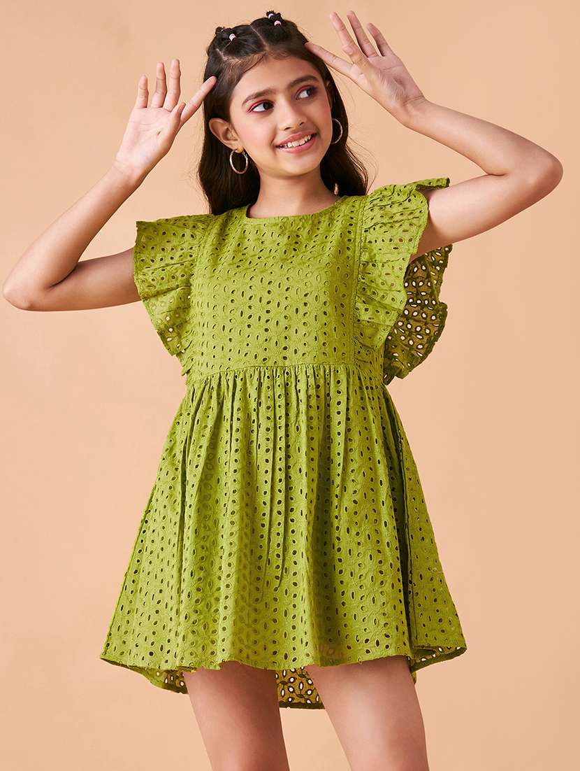 girls solid ruffled sleeves fit & flare dress