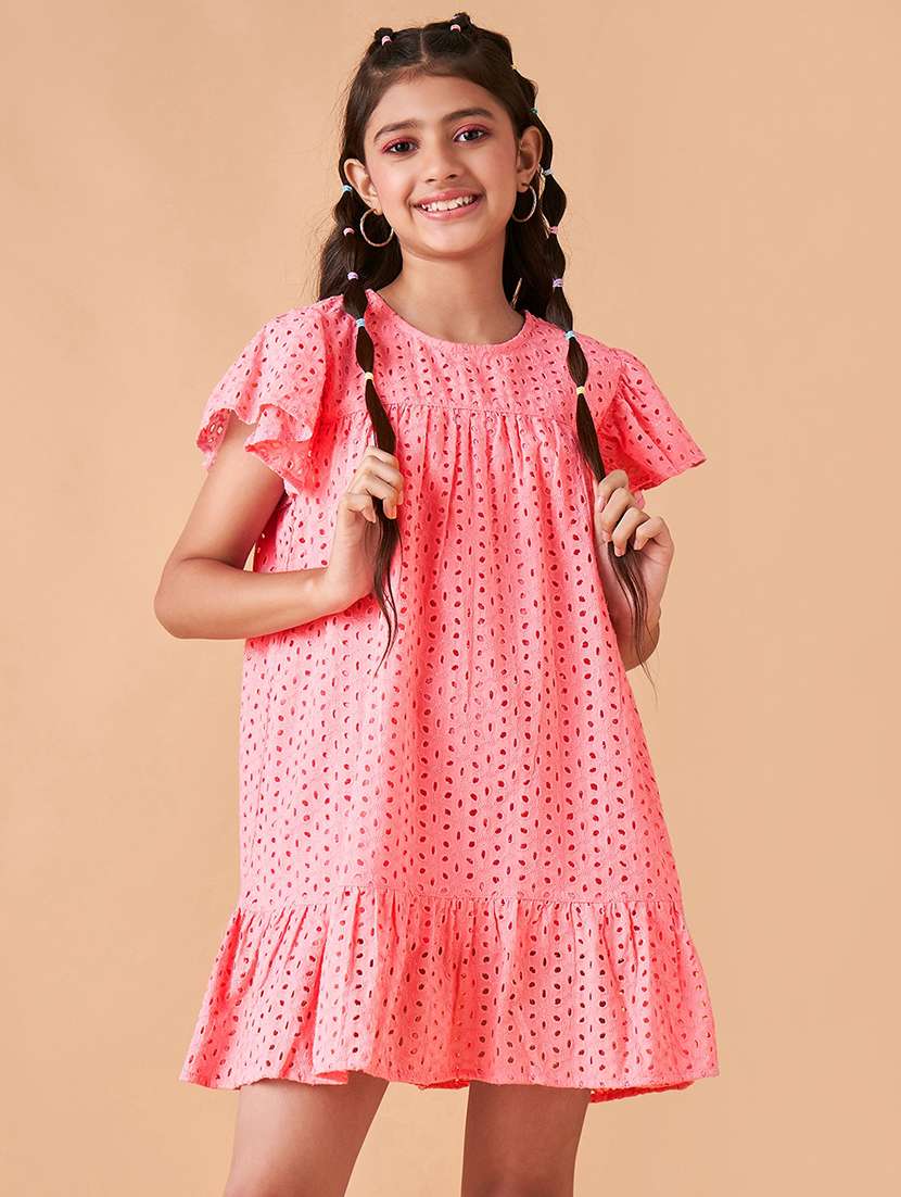 girls solid flute sleeves tiered dress 