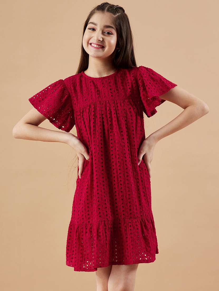girls solid flute sleeves tiered dress 