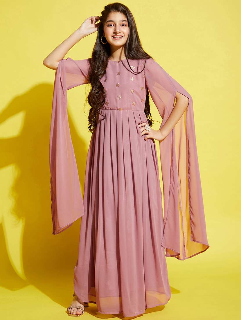 girls pink long sleeve embellished gown