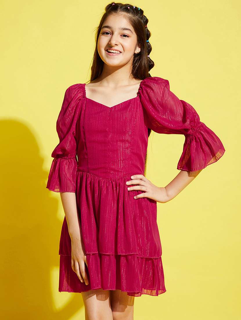 girls solid puff sleeves backless layered dress - 21718587 -  Standard Image - 1