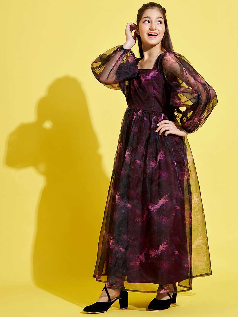 girls printed puff sleeves fit & flared dress - 21718609 -  Standard Image - 1