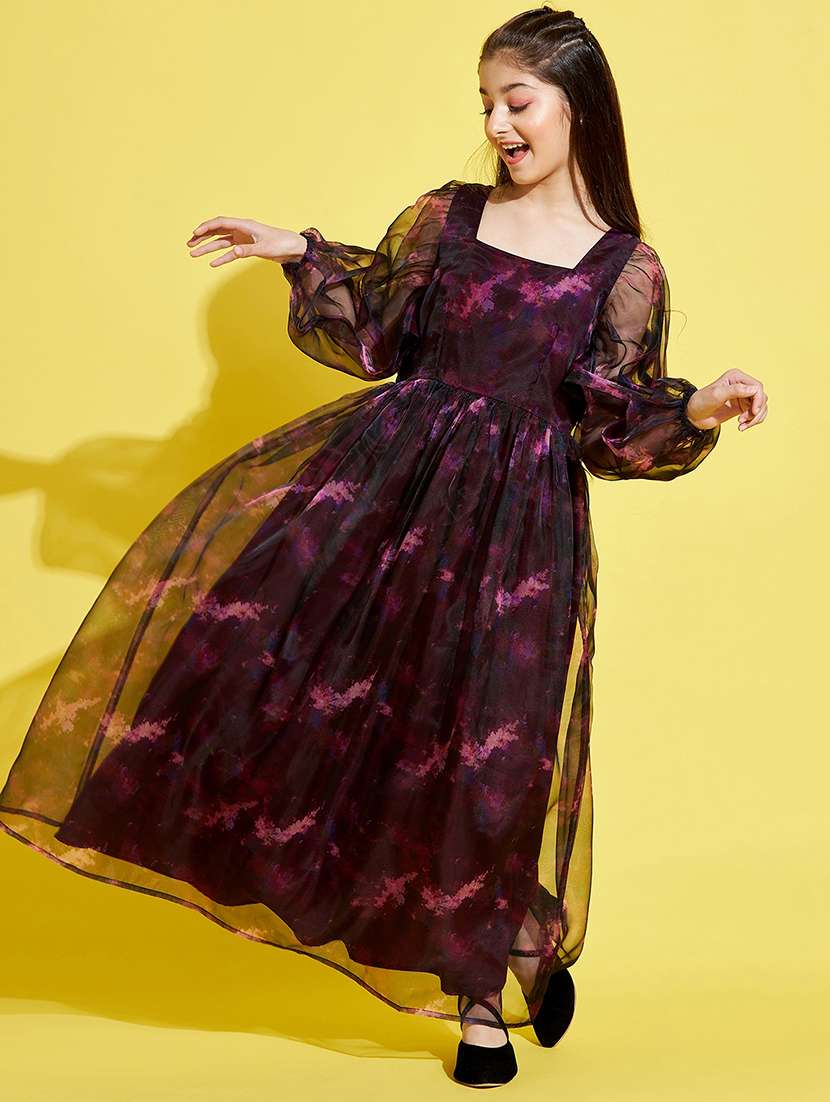 girls printed puff sleeves fit & flared dress - 21718609 -  Standard Image - 4