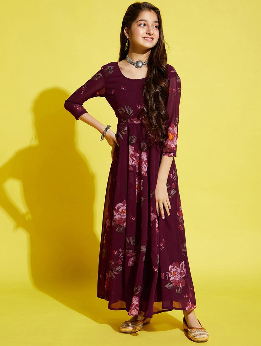 girls floral print round neck fit & flared dress - 21718614 - Standard Image - 1