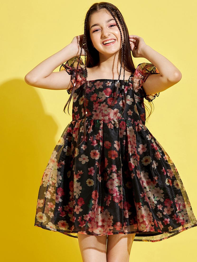 girls floral printed puff sleeves fit & flare dress - 21718624 - Standard Image - 1