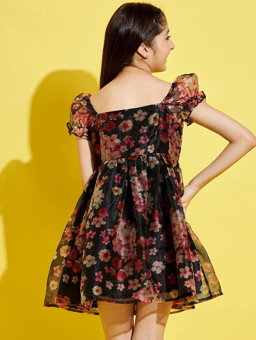 girls floral printed puff sleeves fit & flare dress - 21718624 - Standard Image - 4