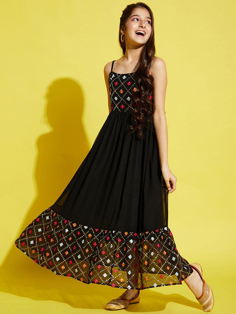 girls black embroidered shoulder strap gown - 21718632 -  Standard Image - 1