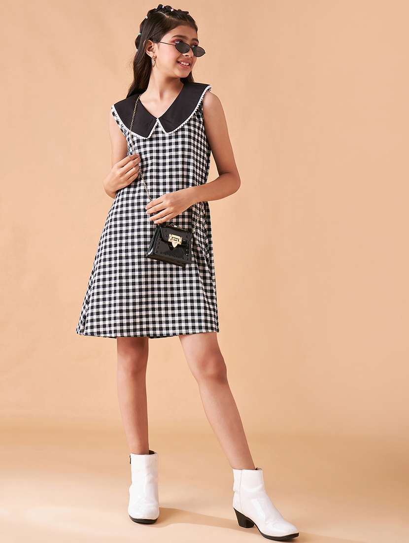 girls checkered peter pan neck a-line dress